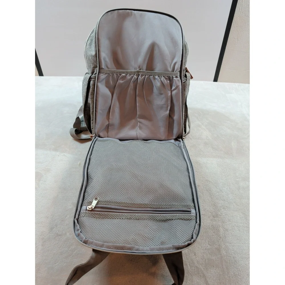 Trend Lab Gray Diaper Bag Backpack‎ Heathered Fabric Brown Trim 178-60771